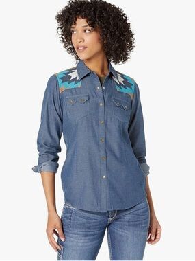 ARIAT Denim Western Shirt Turquoise Aztec Flap Pocket Button Down Women's Top